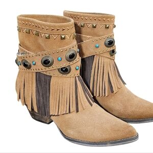 Sbicca Verse 100% Suede Leather Upper Fringe Embellished Boots Brown Size 8